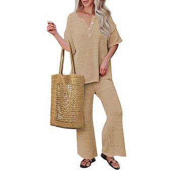 Ekouaer Lounge Sets for Women 2 pc Pullover Sweater Set Knit Tops Wide Leg Pants