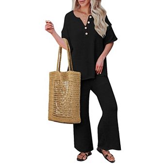 Ekouaer Lounge Sets for Women 2 pc Pullover Sweater Set Knit Tops Wide Leg Pants