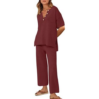 Ekouaer Lounge Sets for Women 2 pc Pullover Sweater Set Knit Tops Wide Leg Pants