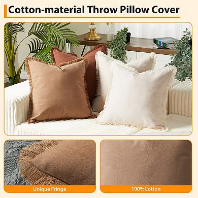 Set of 4 Solid Washed Cotton Pillow Covers, Boho 18x18 Inch Soft Tassel Square Cushion Cases