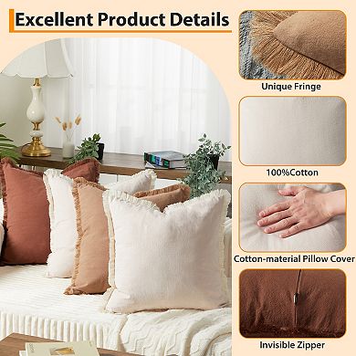 Set of 4 Solid Washed Cotton Pillow Covers, Boho 18x18 Inch Soft Tassel Square Cushion Cases