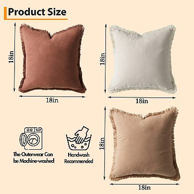 Set of 4 Solid Washed Cotton Pillow Covers, Boho 18x18 Inch Soft Tassel Square Cushion Cases