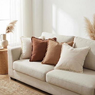 Set of 4 Solid Washed Cotton Pillow Covers, Boho 18x18 Inch Soft Tassel Square Cushion Cases