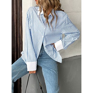 Women's Button Down Stripes Shirt Casual Loose Collared Long Sleeve Color Block Blouse Shacket