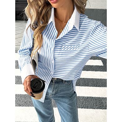 Women's Button Down Stripes Shirt Casual Loose Collared Long Sleeve Color Block Blouse Shacket