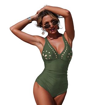 Women's Fashion One Piece Swimsuit Tummy Control Bathing Suit Petal Hollow V Neck Swim Suits