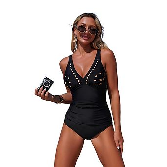 Women's Fashion One Piece Swimsuit Tummy Control Bathing Suit Petal Hollow V Neck Swim Suits