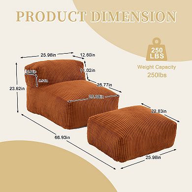 Lufeiya Large Memory Foam Bean Bag Chair with Ottoman, Corduroy