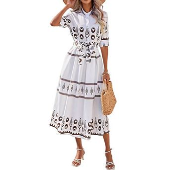 Women's Boho Collared Shirt Dress Short Sleeve Tie Waist A Line Midi Dress