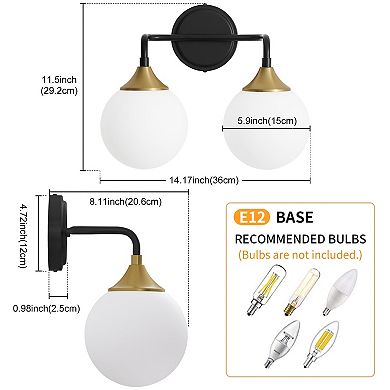 POWLIG 2-Light Dimmable Vanity Light 14.17" Modern Bathroom Fixture with 5.9" Opal Glass Globes