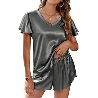 Ekouaer Women Satin Pajamas Set Ruffle Sleeves Silk Pj Set Soft V Neck
