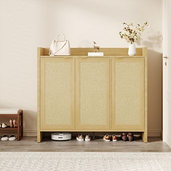47 inch Rattan Shoe Storage Cabinet,Farmhouse Entryway Shoe Rack Organizer Cabinet with Doors