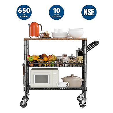 3 Tier Heavy Duty Kitchen Cart with Wood Top & Silent Casters