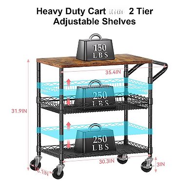 3 Tier Heavy Duty Kitchen Cart with Wood Top & Silent Casters