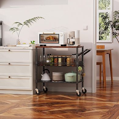 3 Tier Heavy Duty Kitchen Cart with Wood Top & Silent Casters