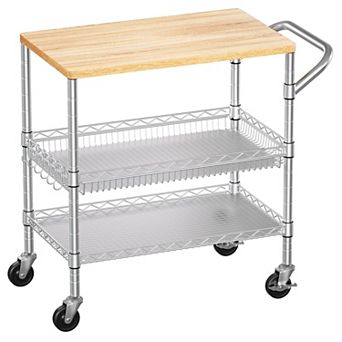 3 tier Heavy Duty Kitchen Cart with Wood Top & Silent Casters