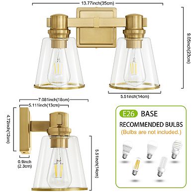 POWLIG 13.77" Vanity Light Fixture - 2-Light Dimmable Bathroom Lighting with Cone Clear Glass Shades