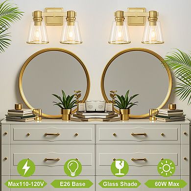 POWLIG 13.77" Vanity Light Fixture - 2-Light Dimmable Bathroom Lighting with Cone Clear Glass Shades