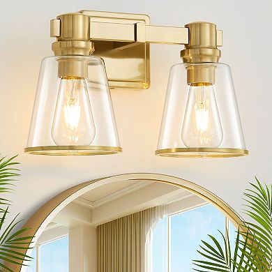 POWLIG 13.77" Vanity Light Fixture - 2-Light Dimmable Bathroom Lighting with Cone Clear Glass Shades