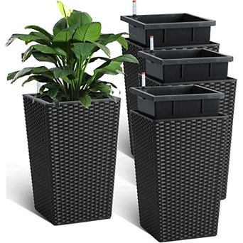 Set of 4 16" rattan self-watering pots with water monitor. For patio, porch, living room.