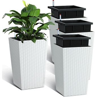 Set of 4 16" rattan self-watering pots with water monitor. For patio, porch, living room.