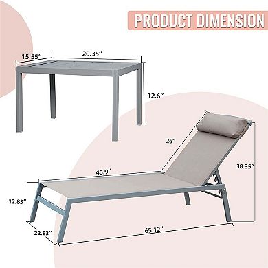 3 Pieces Aluminum Adjustable Pool Lounge Chairs Textilene Sunbathing Recliner