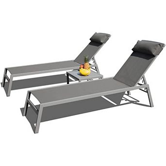 3 pc Aluminum Adjustable Pool Lounge Chairs Textilene Sunbathing Recliner