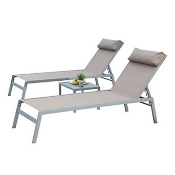 3 pc Aluminum Adjustable Pool Lounge Chairs Textilene Sunbathing Recliner