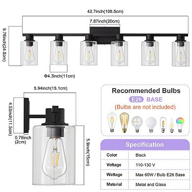 POWLIG 6-Light Dimmable Bathroom Vanity Light 42.7",Modern Cylinder Glass Shades for Makeup & Mirror