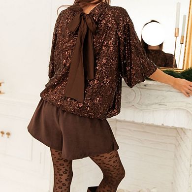 Women's Elegant Sparkly Sequin Tops Half Sleeve Back Tie Dressy Trendy Blouses