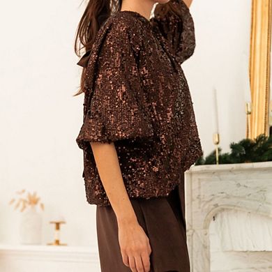 Women's Elegant Sparkly Sequin Tops Half Sleeve Back Tie Dressy Trendy Blouses