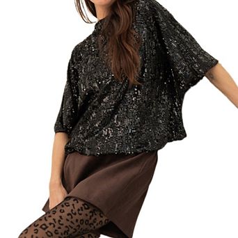 Women's Elegant Sparkly Sequin Tops Half Sleeve Back Tie Dressy Trendy Blouses