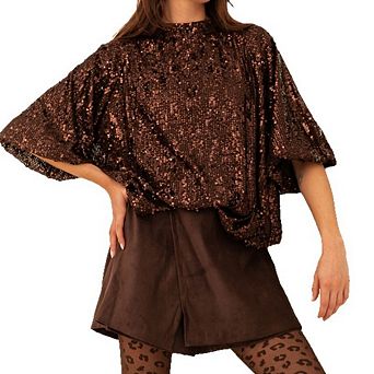 Women's Elegant Sparkly Sequin Tops Half Sleeve Back Tie Dressy Trendy Blouses