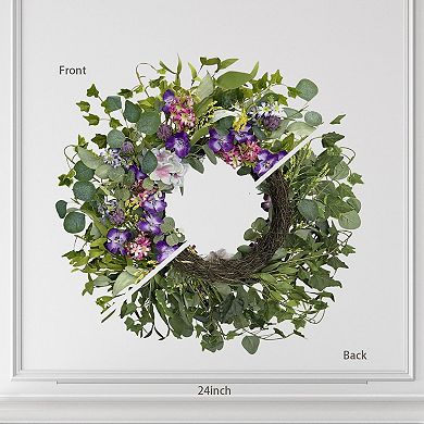 24 Inch Purple Spring Summer Wreath Artificial Wildflower Front Door Indoor Outdoor Decor