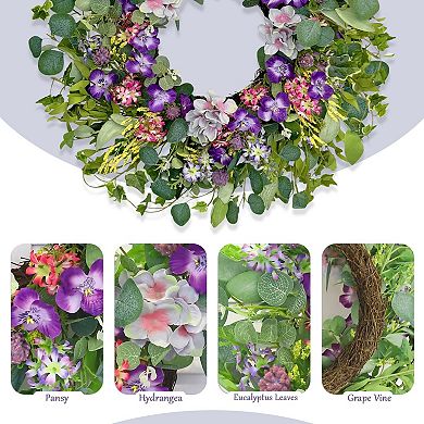 24 Inch Purple Spring Summer Wreath Artificial Wildflower Front Door Indoor Outdoor Decor