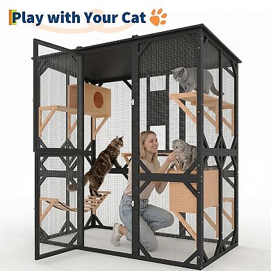 70'' Walk-In Catio with Window Access,Large Outdoor Cat Enclosure for Multiple Cats,ship in 2 boxex