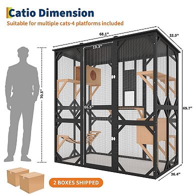 70'' Walk-In Catio with Window Access,Large Outdoor Cat Enclosure for Multiple Cats,ship in 2 boxex