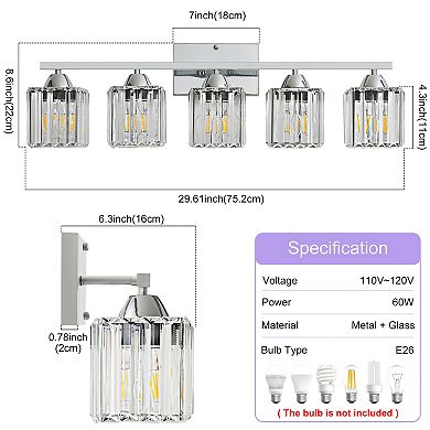 POWLIG 29.6" Modern Vanity Light - 5-Light Dimmable Bathroom Light with Square Crystal Shades