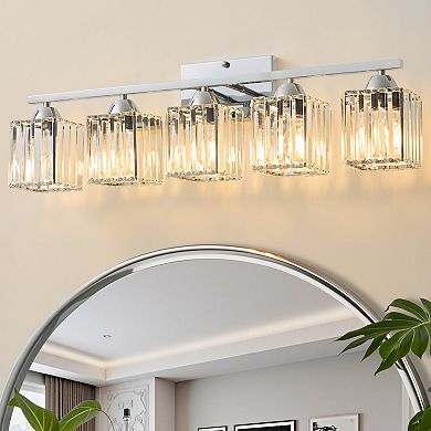 POWLIG 29.6" Modern Vanity Light - 5-Light Dimmable Bathroom Light with Square Crystal Shades