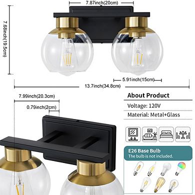 POWLIG 13.7" Modern Vanity Light with Clear Glass Shades, 2-Light Bathroom Fixture for Mirror