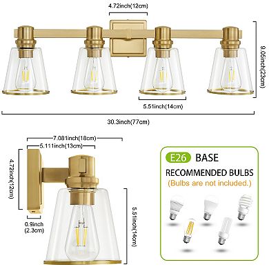 POWLIG 30" Vanity Light Fixture - 4-Light Dimmable Bathroom Lighting with Cone Clear Glass Shades