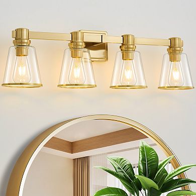 POWLIG 30" Vanity Light Fixture - 4-Light Dimmable Bathroom Lighting with Cone Clear Glass Shades