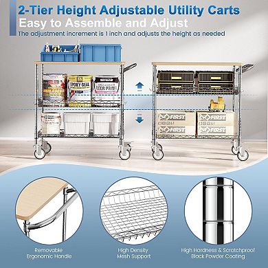 3-Tier Heavy Duty Utility Cart with Wheels and Wood Top