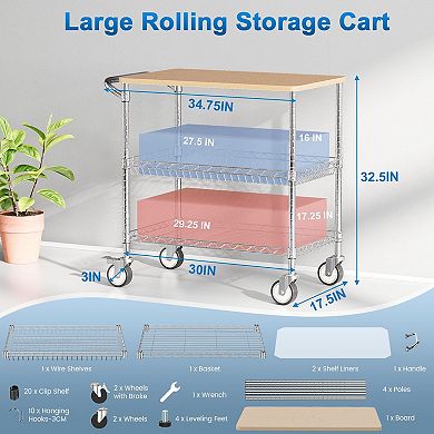3-Tier Heavy Duty Utility Cart with Wheels and Wood Top