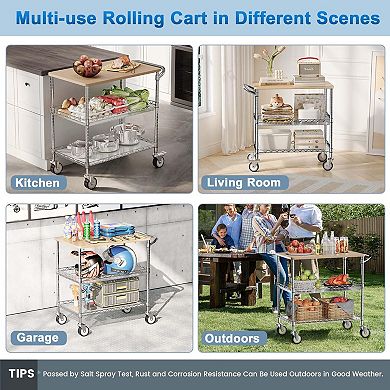 3-Tier Heavy Duty Utility Cart with Wheels and Wood Top