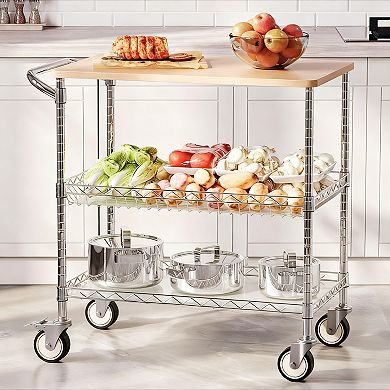 3-Tier Heavy Duty Utility Cart with Wheels and Wood Top