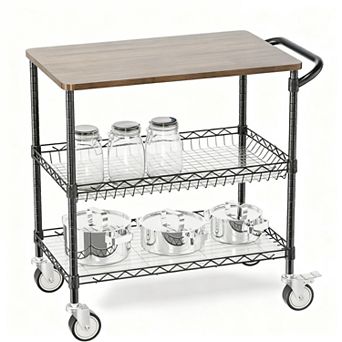 3 tier Heavy Duty Utility Cart with Wheels and Wood Top