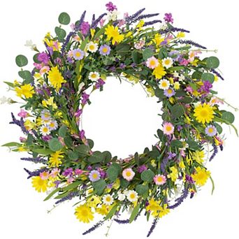 Spring Wreath 22 Inch with Daisy Lavender Wildflowers for Front Door