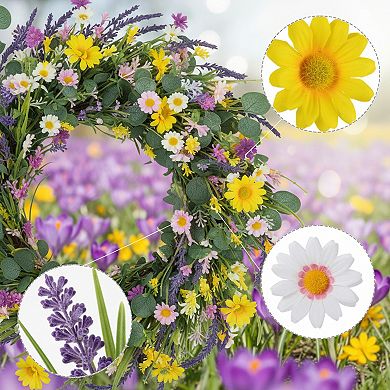 Spring Wreath 22 Inch with Daisy Lavender Wildflowers for Front Door