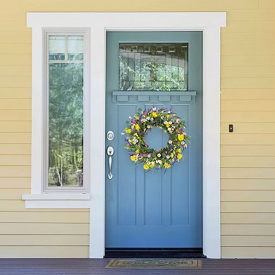 Spring Wreath 22 Inch with Daisy Lavender Wildflowers for Front Door
